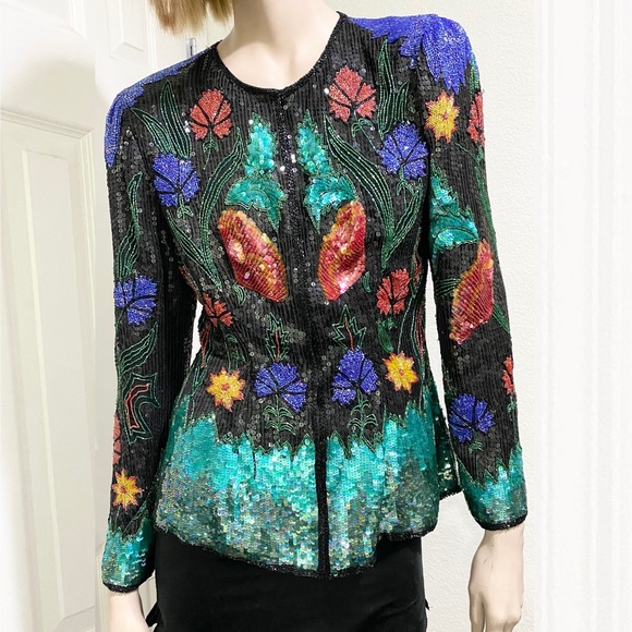 Vintage 80’s 90’s Abstract Floral Print Fully Beaded Sequined Blazer Jacket M - Picture 4 of 16